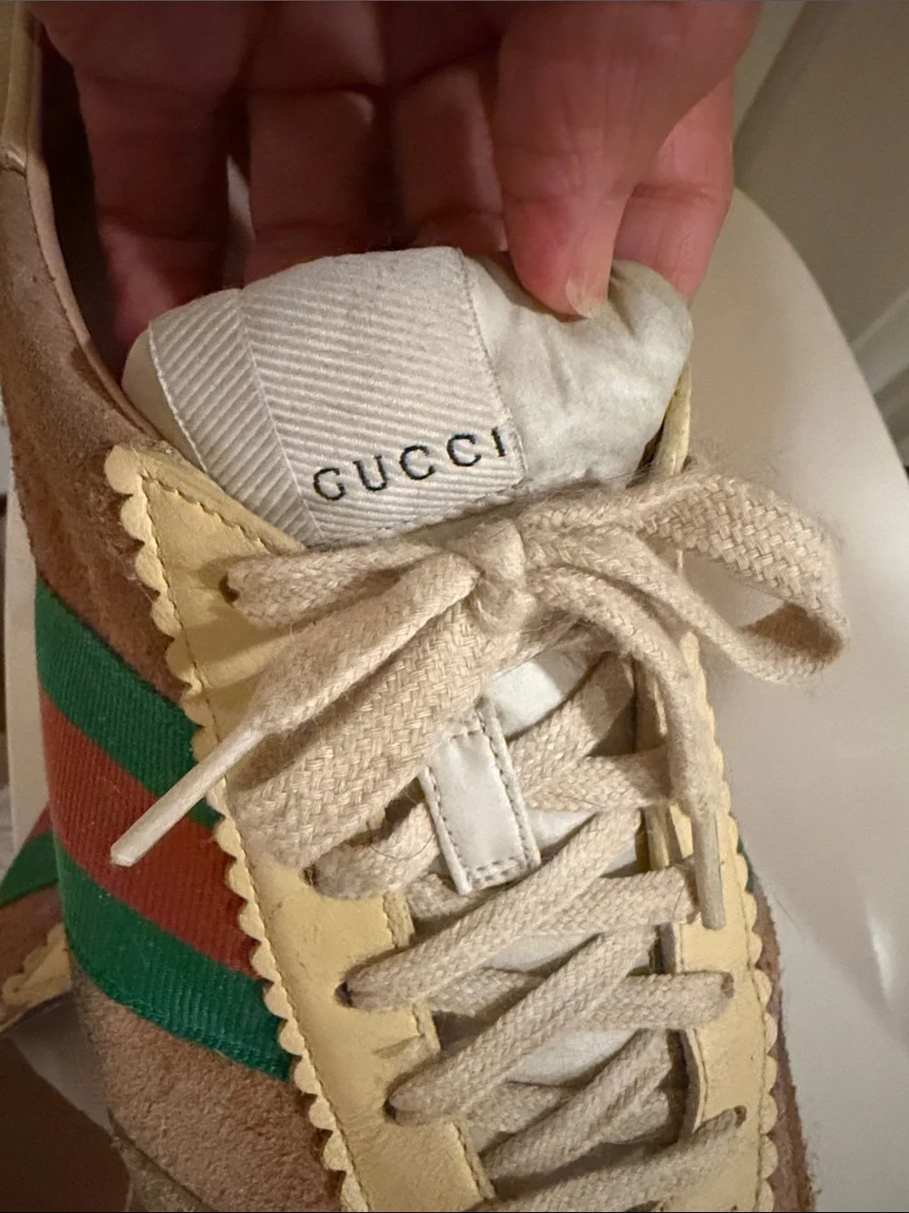 Gucci Brown Suede Women's Sneakers with Green & Red Stripe